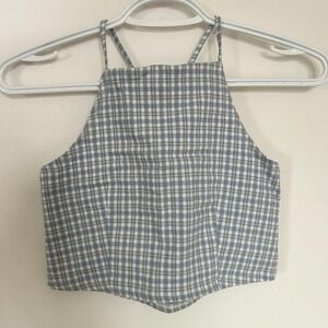 Garage blue & white checkered gingham halter top cropped